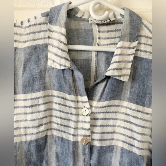 Habitat 100% Linen Blue and White Striped Shirt Button Down 3/4 Sleeves Sz S - Picture 8 of 8